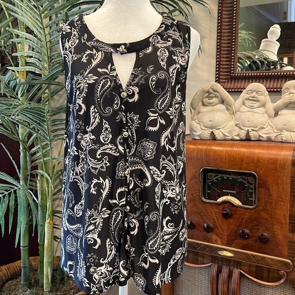 Ember L blue/cream tank top with gold  buttons Semi sheer - Picture 1 of 5